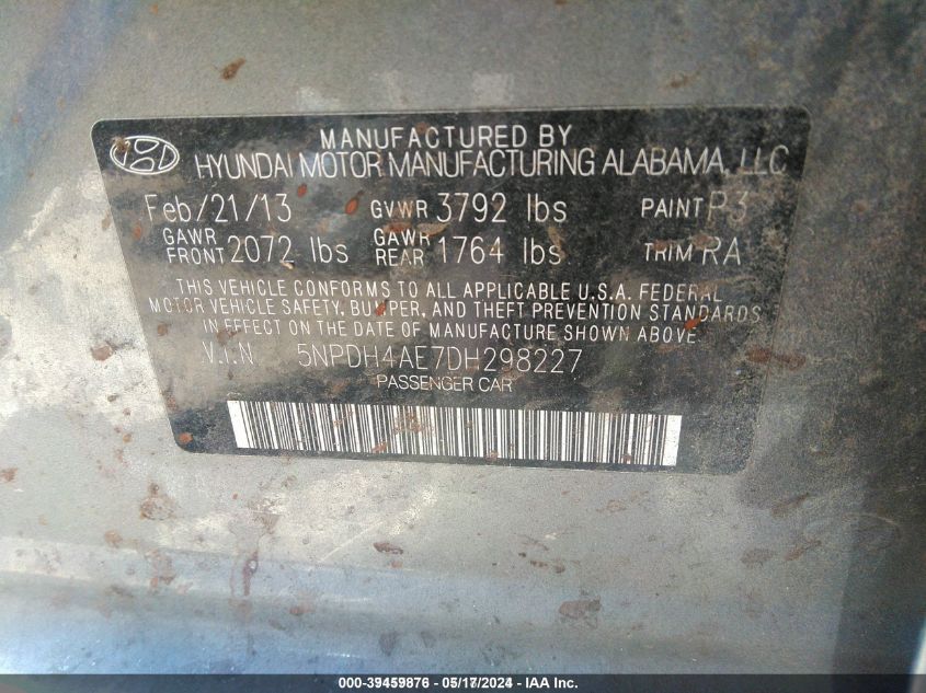 2013 Hyundai Elantra Gls VIN: 5NPDH4AE7DH298227 Lot: 39459876