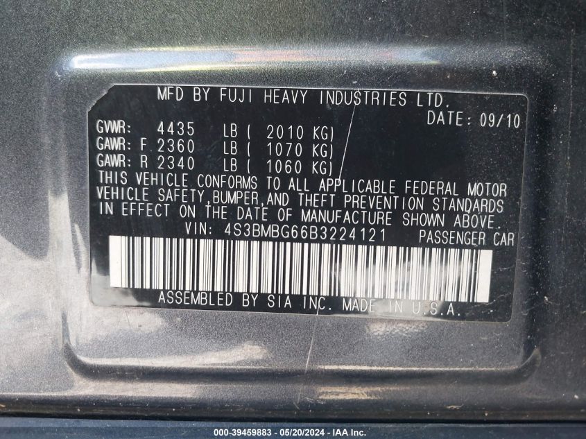 2011 Subaru Legacy 2.5I Premium VIN: 4S3BMBG66B3224121 Lot: 39459883