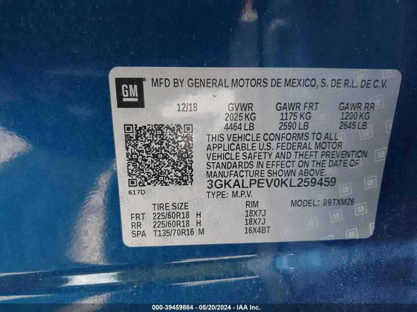 2019 GMC Terrain Slt VIN: 3GKALPEV0KL259459 Lot: 39459884