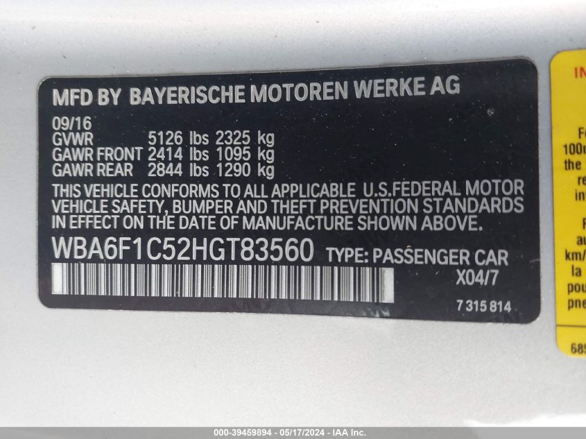 2017 BMW 640I VIN: WBA6F1C52HGT83560 Lot: 39459894