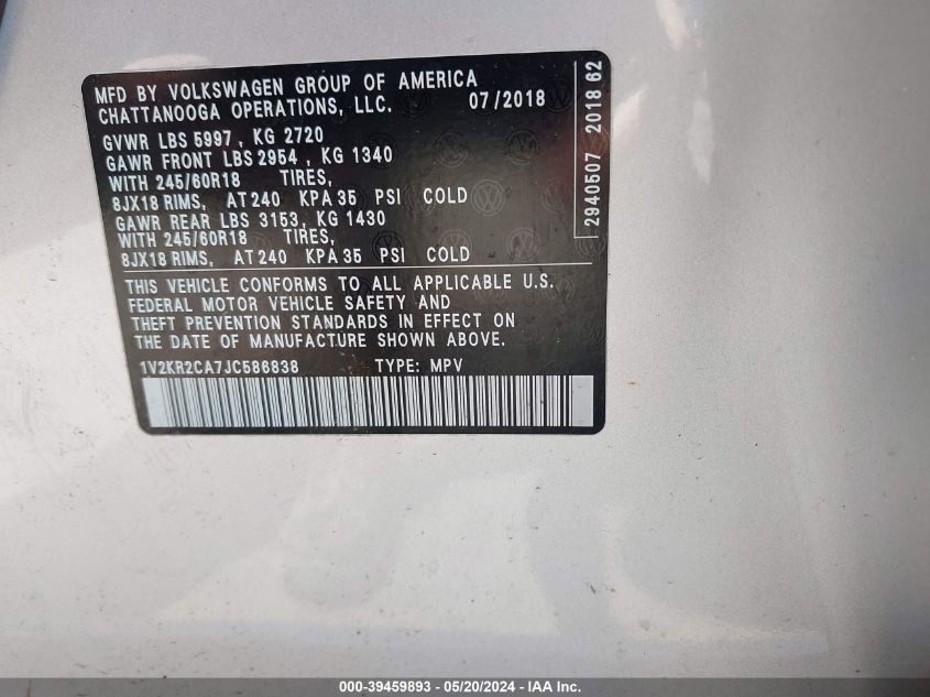 2018 Volkswagen Atlas 3.6L V6 Se VIN: 1V2KR2CA7JC586838 Lot: 39459893
