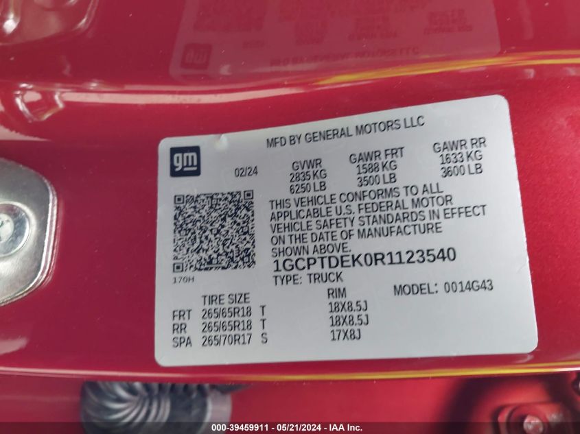 2024 Chevrolet Colorado 4Wd Z71 VIN: 1GCPTDEK0R1123540 Lot: 39459911