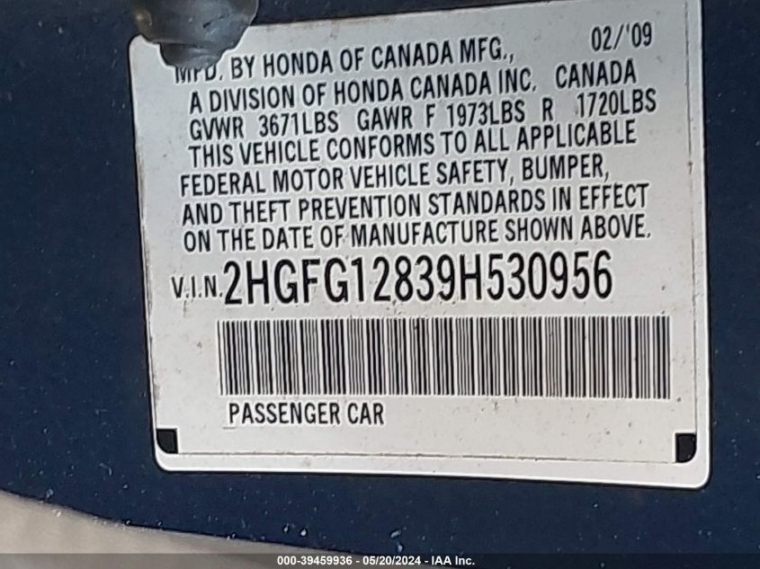 2009 Honda Civic Ex VIN: 2HGFG12839H530956 Lot: 39459936
