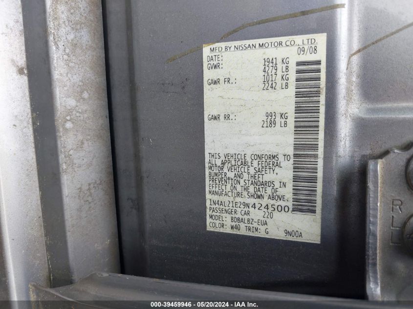 2009 Nissan Altima 2.5 S VIN: 1N4AL21E29N424500 Lot: 39459946