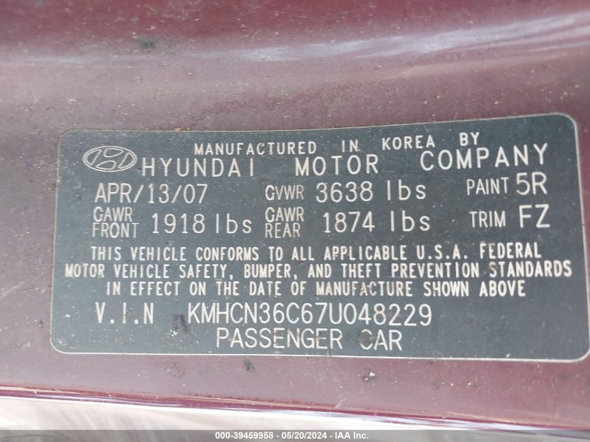 2007 Hyundai Accent Se VIN: KMHCN36C67U048229 Lot: 39459958