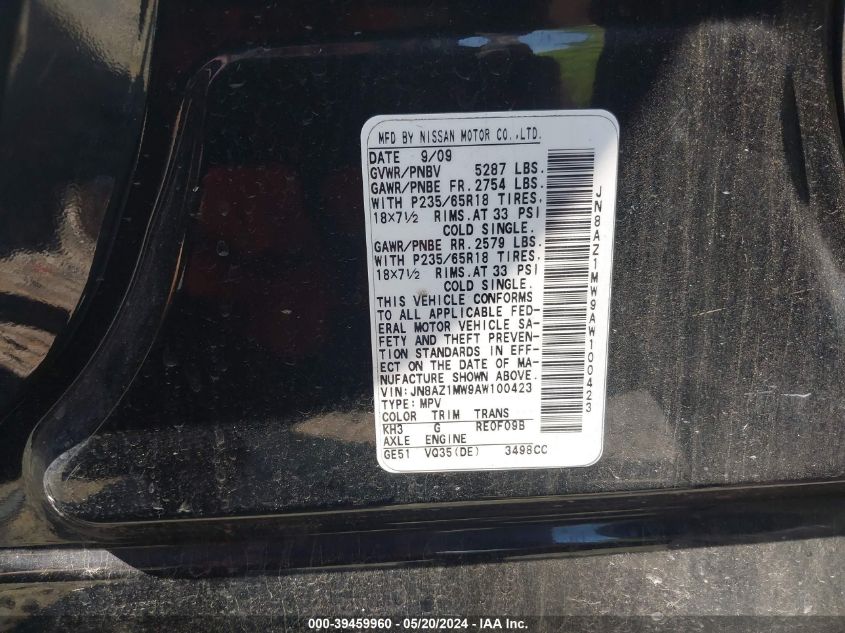 2010 Nissan Murano Sl VIN: JN8AZ1MW9AW100423 Lot: 39459960