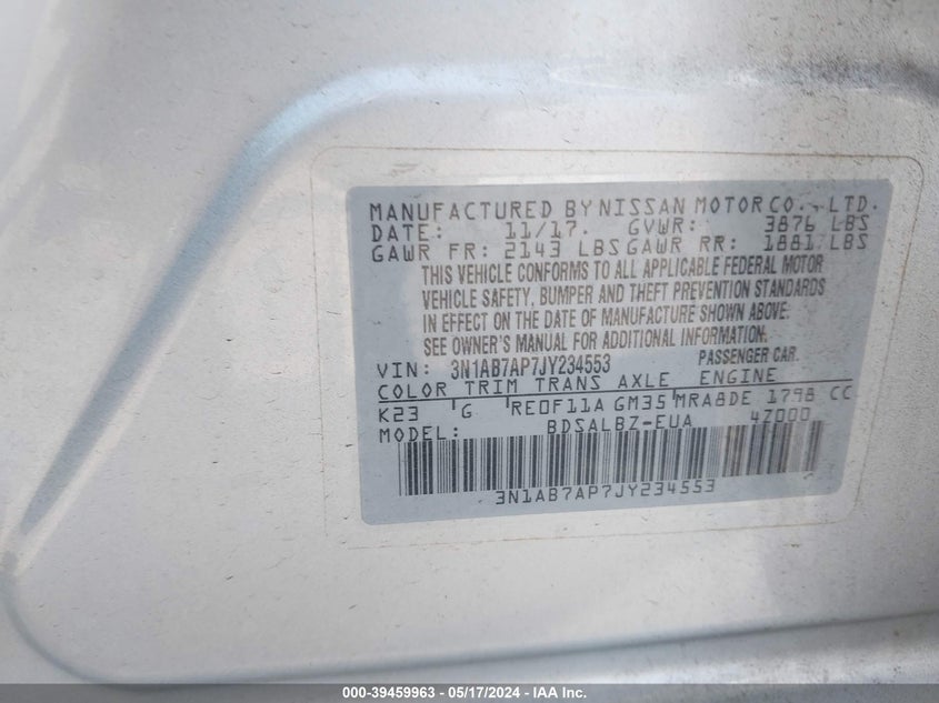 VIN 3N1AB7AP7JY234553 2018 NISSAN SENTRA S