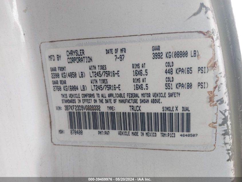 1996 Dodge Ram 1500 VIN: 1B7HC13Z4TJ188501 Lot: 39459976