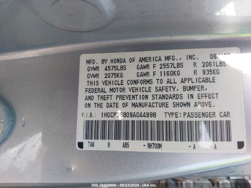 2009 Honda Accord 3.5 Ex-L VIN: 1HGCP36809A044998 Lot: 39459986