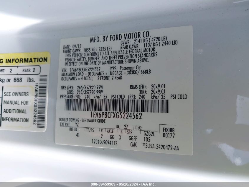 2016 Ford Mustang Gt Premium VIN: 1FA6P8CFXG5224562 Lot: 39459989