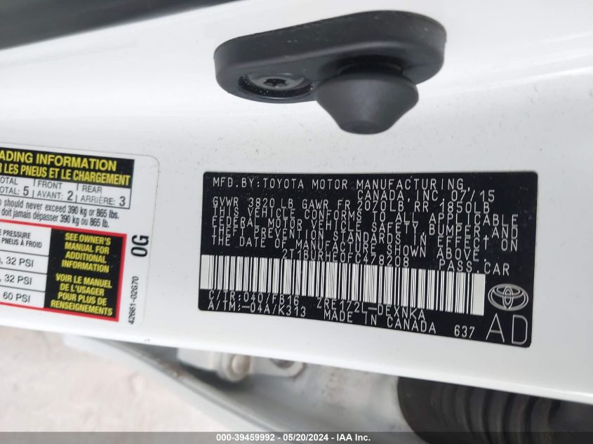 2015 Toyota Corolla Le VIN: 2T1BURHE0FC478208 Lot: 39459992