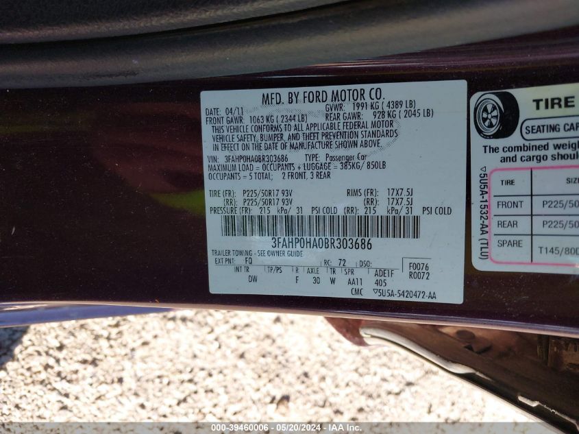 2011 Ford Fusion Se VIN: 3FAHP0HA0BR303686 Lot: 39460006