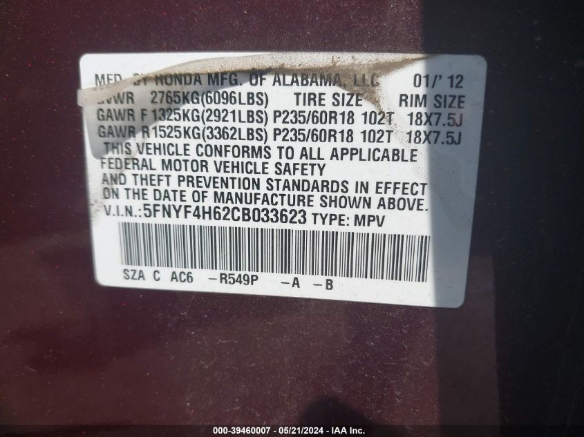 2012 Honda Pilot Ex-L VIN: 5FNYF4H62CB033623 Lot: 39460007