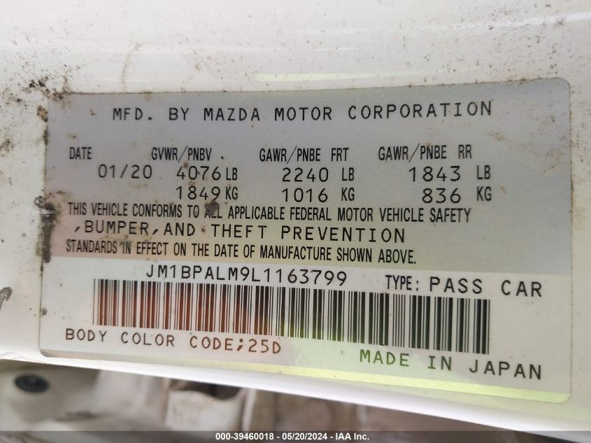 2020 Mazda Mazda3 VIN: JM1BPALM9L1163799 Lot: 39460018