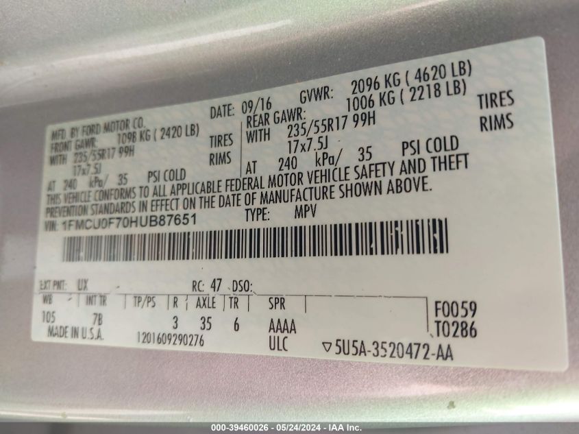 2017 Ford Escape S VIN: 1FMCU0F70HUB87651 Lot: 39460026