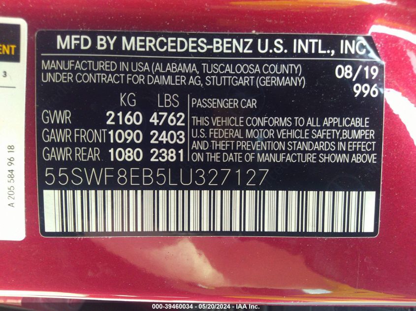 2020 Mercedes-Benz C 300 4Matic VIN: 55SWF8EB5LU327127 Lot: 39460034