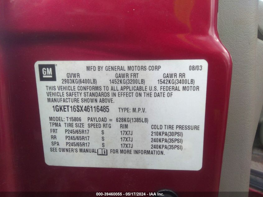 2004 GMC Envoy Xl Sle VIN: 1GKET16SX46116485 Lot: 39460055