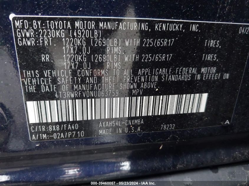 2022 Toyota Rav4 Xle Hybrid VIN: 4T3RWRFV0NU063759 Lot: 39460057