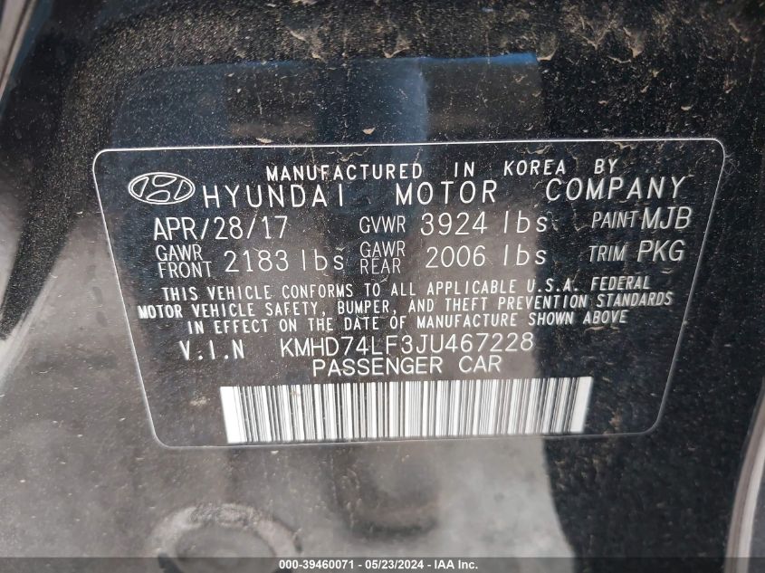 2018 Hyundai Elantra Se VIN: KMHD74LF3JU467228 Lot: 39460071