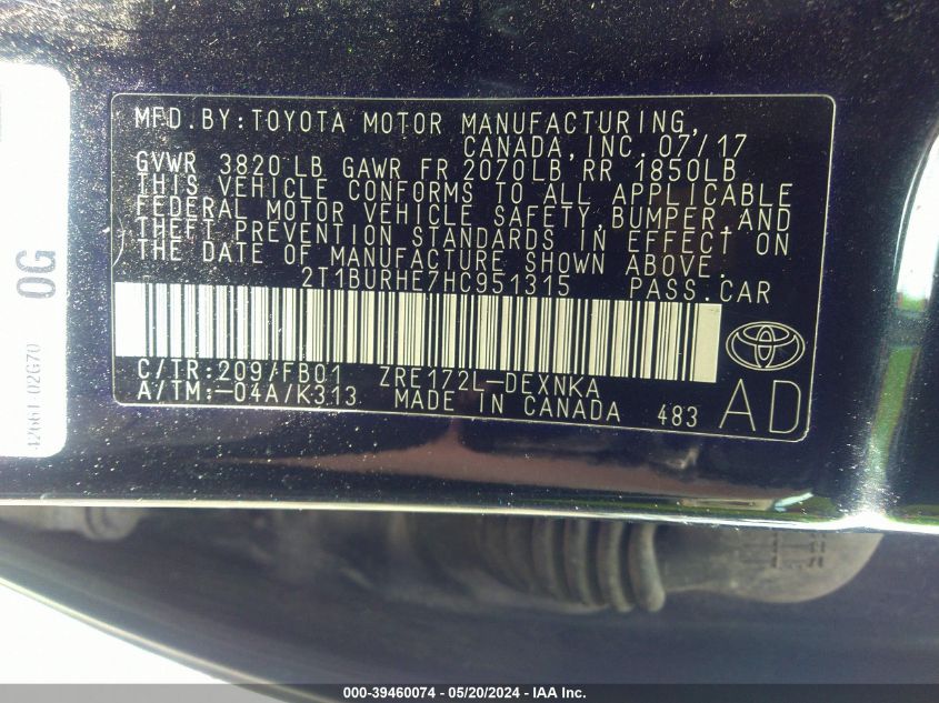 2017 TOYOTA COROLLA L/LE/XLE/SE/XSE - 2T1BURHE7HC951315