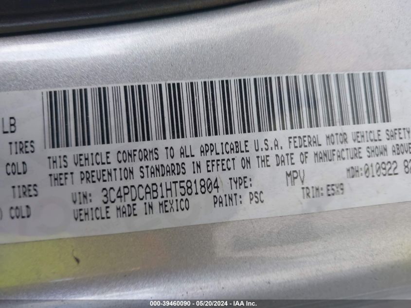 2017 Dodge Journey Se VIN: 3C4PDCAB1HT581804 Lot: 39460090