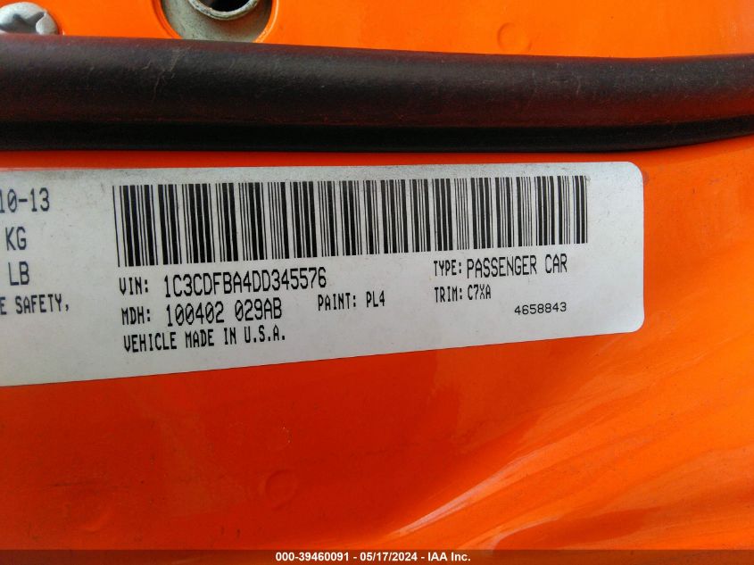 2013 Dodge Dart Sxt VIN: 1C3CDFBA4DD345576 Lot: 39460091