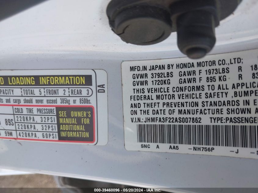 2010 Honda Civic Hybrid VIN: JHMFA3F22AS007862 Lot: 39460096