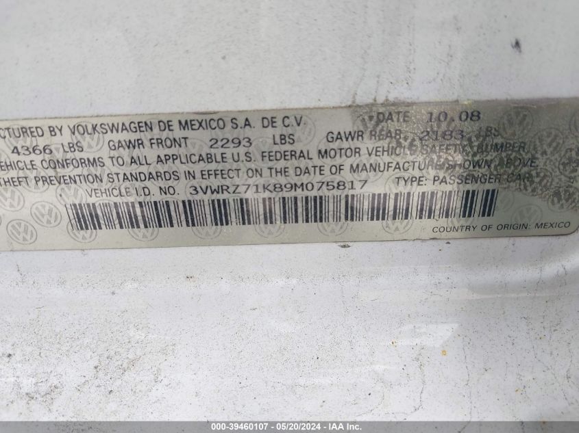 2009 Volkswagen Jetta Se/Sel VIN: 3VWRZ71K89M075817 Lot: 39460107