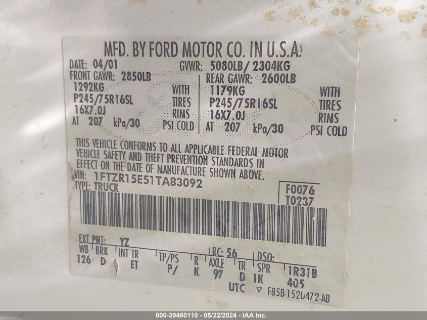 2001 Ford Ranger Edge/Xlt VIN: 1FTZR15E51TA83092 Lot: 39460110