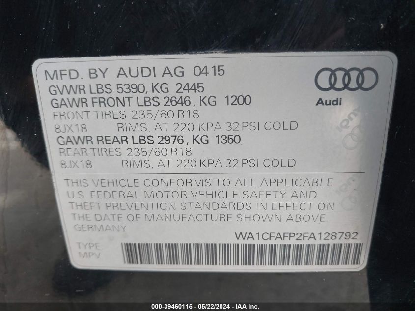 2015 Audi Q5 2.0T Premium VIN: WA1CFAFP2FA128792 Lot: 39460115