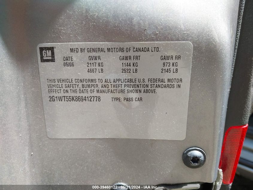 2006 Chevrolet Impala Lt VIN: 2G1WT55K869412778 Lot: 39460122