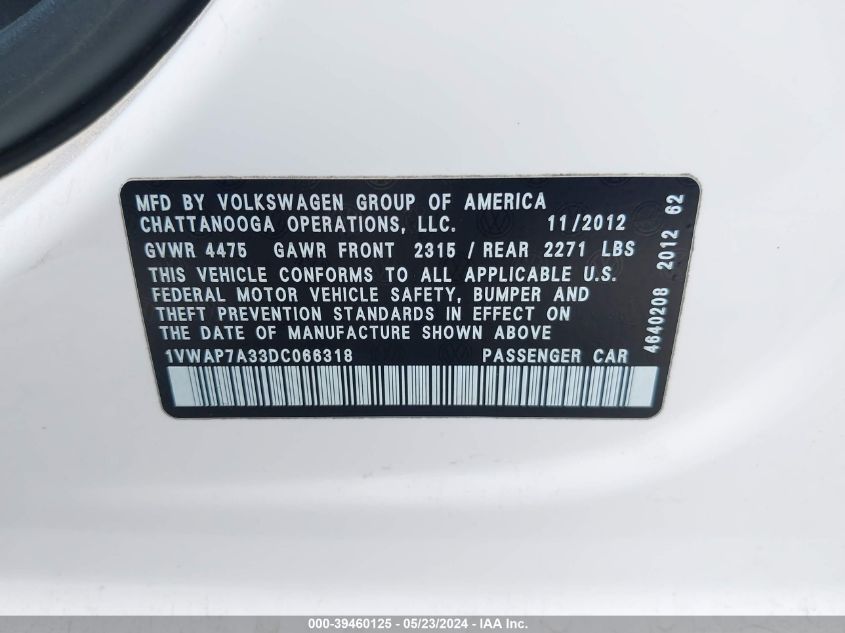 2013 Volkswagen Passat 2.5L S VIN: 1VWAP7A33DC066318 Lot: 39460125