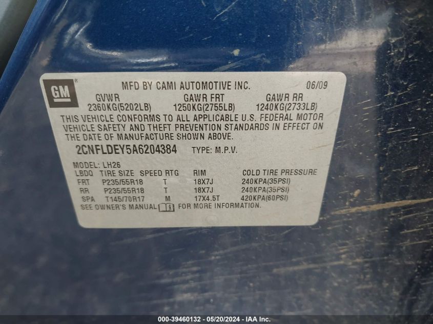 2010 Chevrolet Equinox Lt VIN: 2CNFLDEY5A6204384 Lot: 39460132