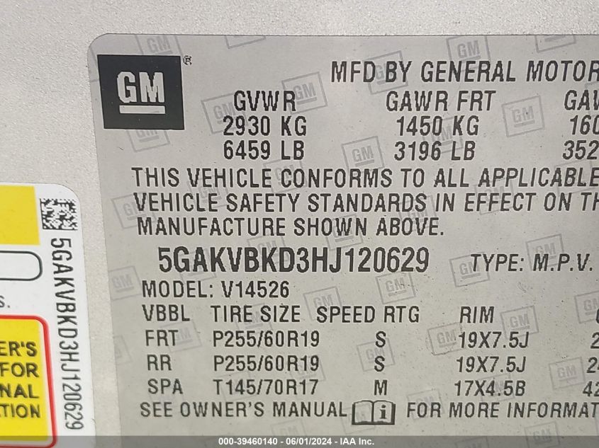 2017 Buick Enclave Leather VIN: 5GAKVBKD3HJ120629 Lot: 39460140