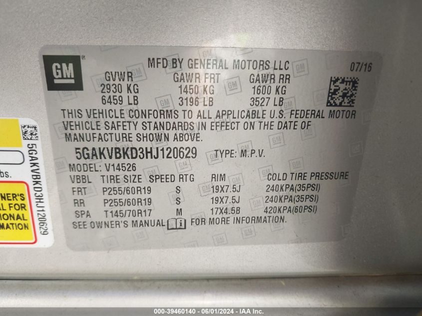 2017 Buick Enclave Leather VIN: 5GAKVBKD3HJ120629 Lot: 39460140