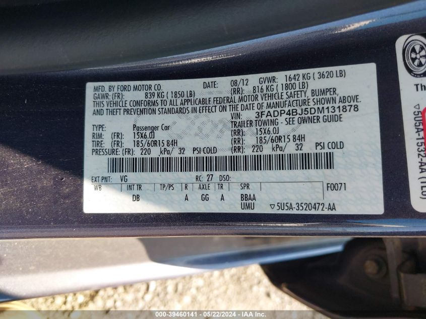 2013 Ford Fiesta Se VIN: 3FADP4BJ5DM131878 Lot: 39460141