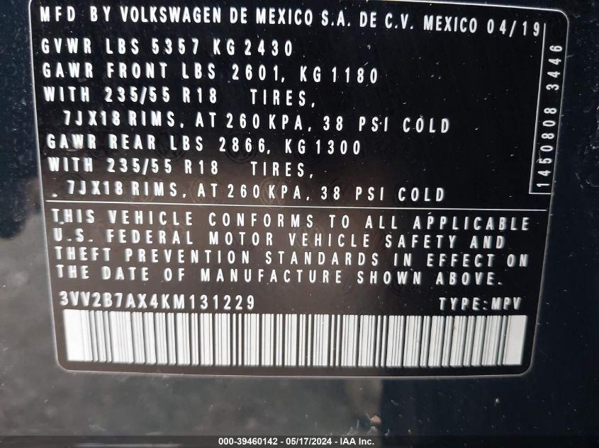 2019 Volkswagen Tiguan 2.0T Se/2.0T Sel/2.0T Sel R-Line/2.0T Sel R-Line Black VIN: 3VV2B7AX4KM131229 Lot: 39460142