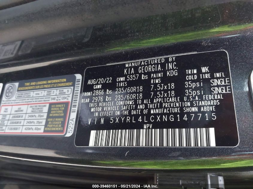 2022 Kia Sorento S VIN: 5XYRL4LCXNG147715 Lot: 39460151