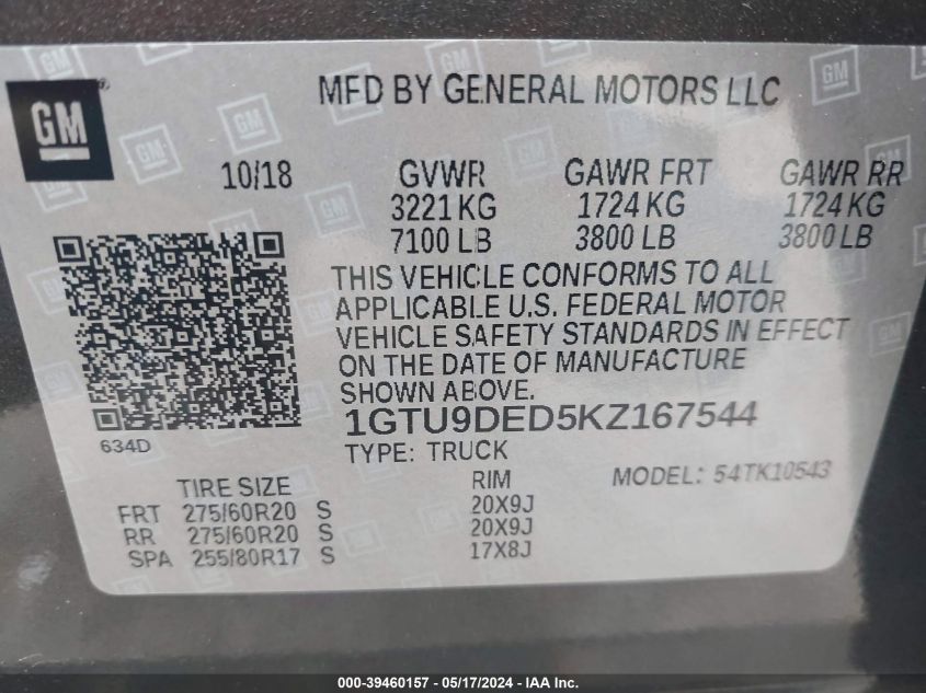 2019 GMC Sierra 1500 Slt VIN: 1GTU9DED5KZ167544 Lot: 39460157