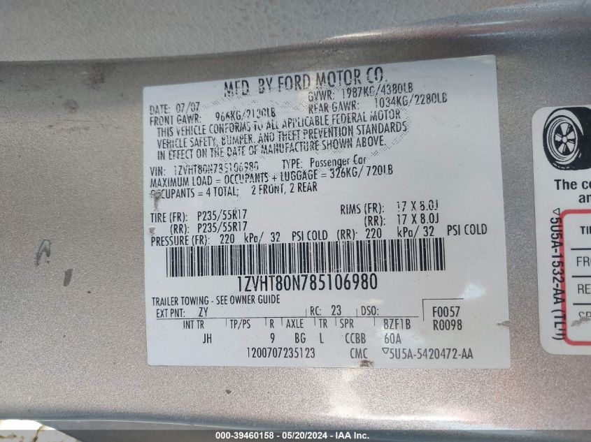 2008 Ford Mustang V6 Deluxe/V6 Premium VIN: 1ZVHT80N785106980 Lot: 39460158