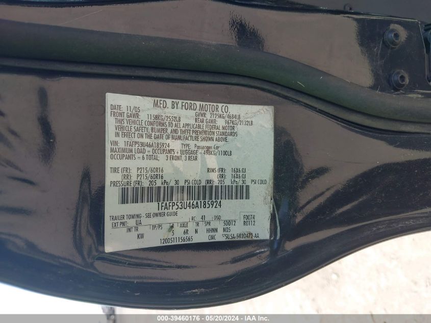 2006 Ford Taurus Se VIN: 1FAFP53U46A185924 Lot: 39460176