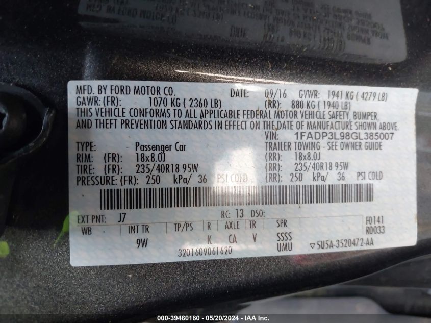 2016 Ford Focus St VIN: 1FADP3L98GL385007 Lot: 39460180