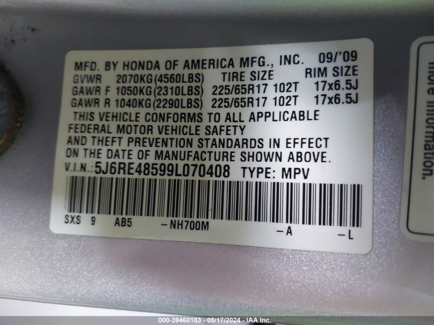 2009 Honda Cr-V Ex VIN: 5J6RE48599L070408 Lot: 39460183