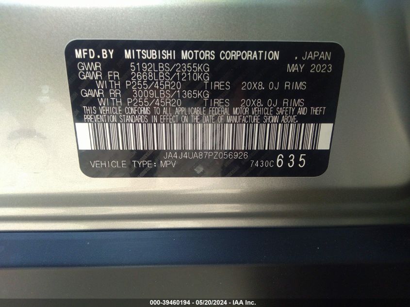 2023 Mitsubishi Outlander Se 2.5 S-Awc VIN: JA4J4UA87PZ056926 Lot: 39460194