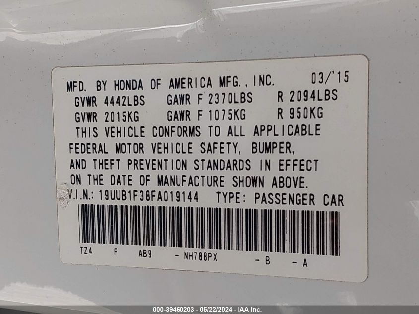 2015 Acura Tlx VIN: 19UUB1F38FA019144 Lot: 39460203