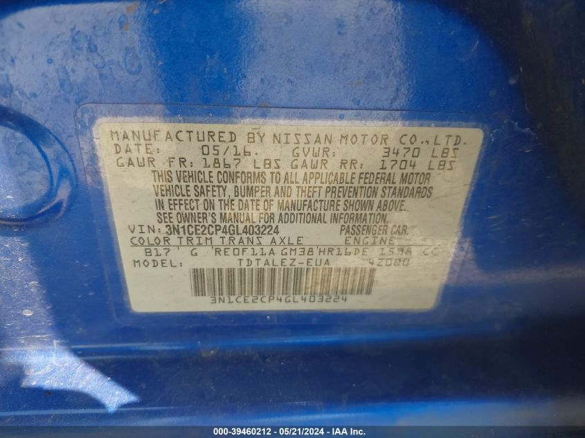 2016 Nissan Versa Note S (Sr)/S Plus/Sl/Sr/Sv VIN: 3N1CE2CP4GL403224 Lot: 39460212