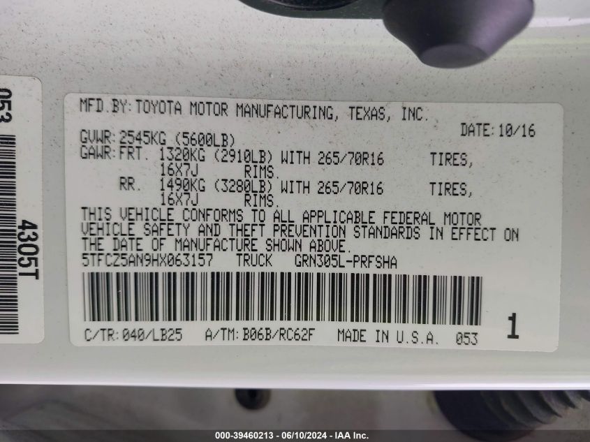 2017 Toyota Tacoma Trd Pro VIN: 5TFCZ5AN9HX063157 Lot: 39460213