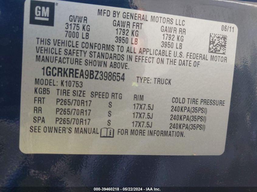 2011 Chevrolet Silverado 1500 Ls VIN: 1GCRKREA9BZ398654 Lot: 39460218