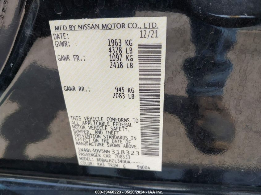 2022 Nissan Altima Sv Fwd VIN: 1N4BL4DV5NN318323 Lot: 39460223