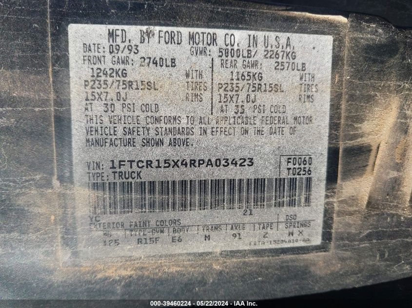 1994 Ford Ranger Super Cab VIN: 1FTCR15X4RPA03423 Lot: 39460224